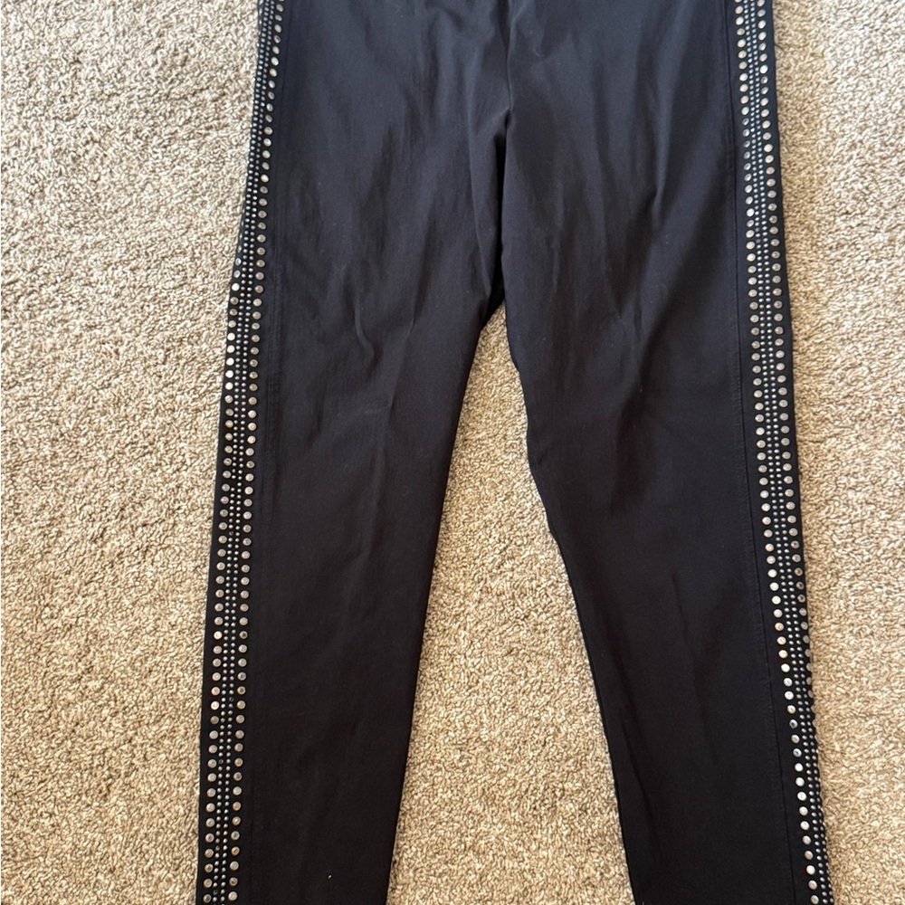 Black Stretchy Legging type pants with Silver and Gold Studded Sides